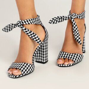 Lulus Covington Black and White Gingham Ankle Strap Heels